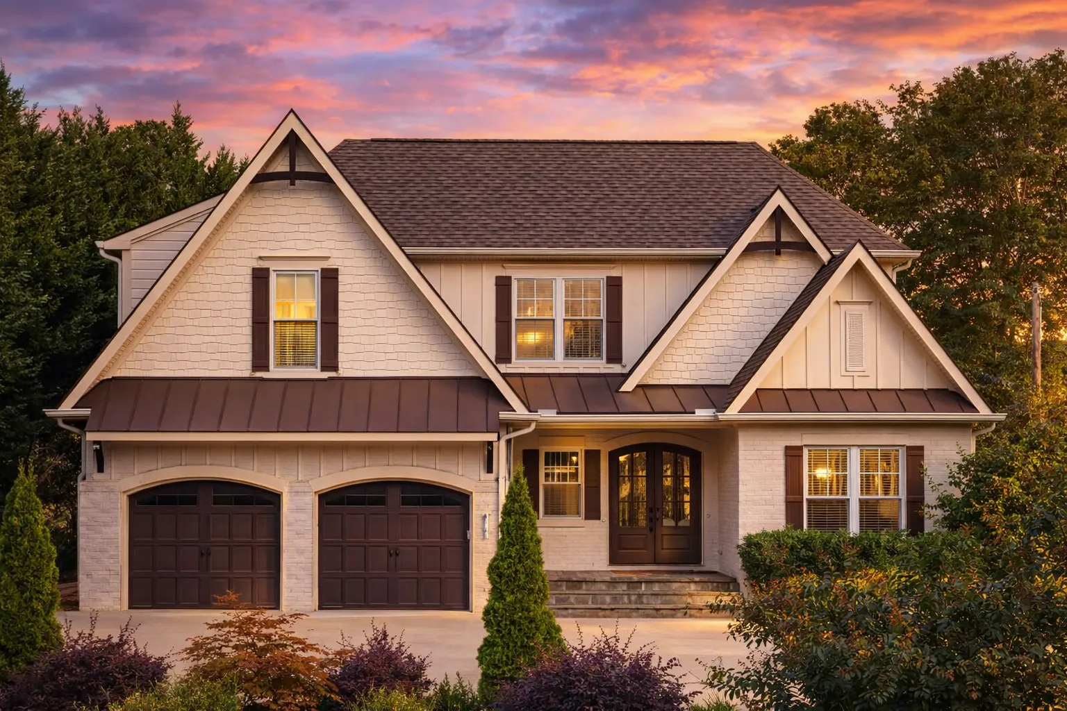Front elevation of a New American style two-story house featuring brick exterior, lap siding gables, and a symmetrical traditional façade