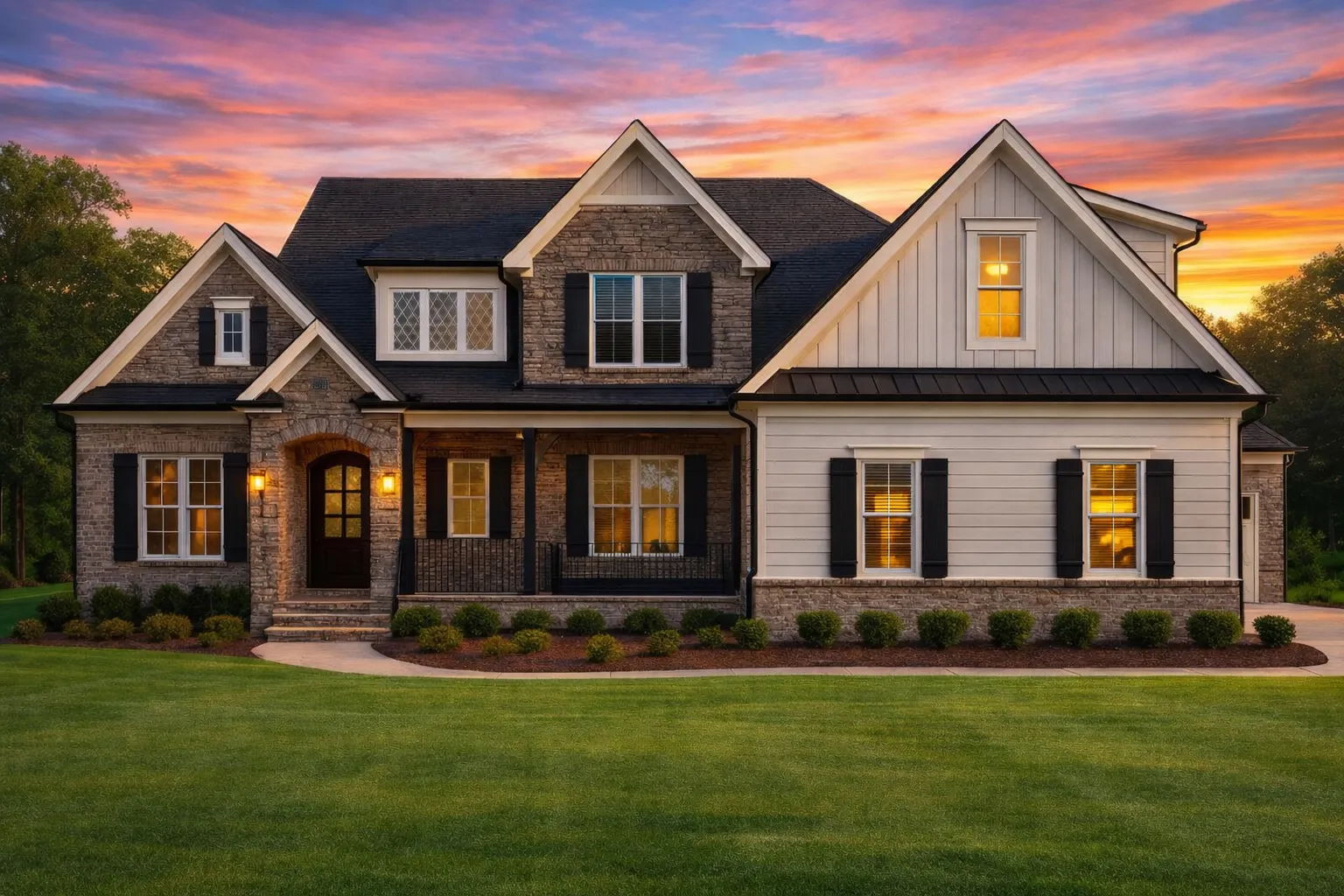 Front elevation of a New American Modern Traditional house with stone accents, board and batten siding, covered porch, and Craftsman-inspired gables