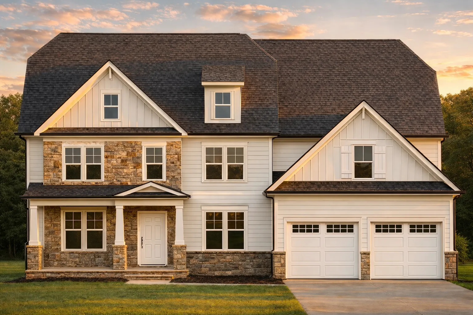 Front elevation of a New American modern traditional farmhouse with board and batten siding, stone accents, and a covered porch