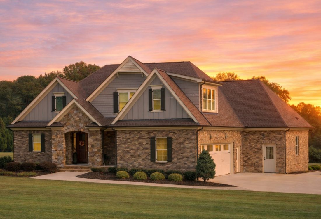 Front elevation of a New American Modern Traditional house with stone accents, board and batten siding, covered porch, and Craftsman-inspired gables