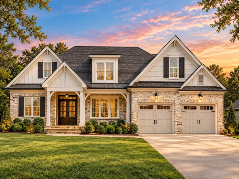 Front elevation of Traditional New American style house with lap siding, shake gables, brick foundation accents, covered porch, and two-car garage