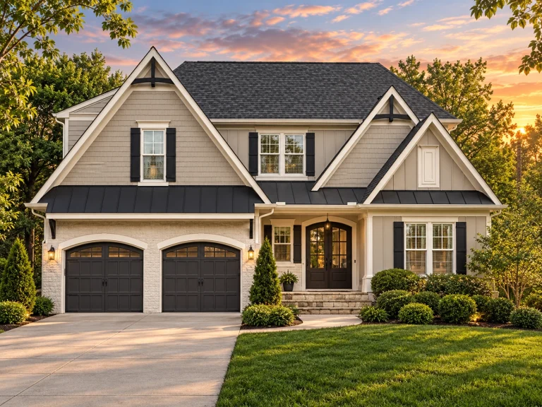 Front elevation of a New American style two-story house featuring brick exterior, lap siding gables, and a symmetrical traditional façade