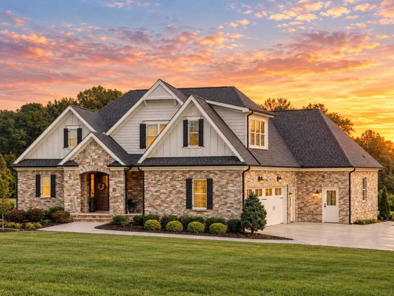 Front elevation of a New American Modern Traditional house with stone accents, board and batten siding, covered porch, and Craftsman-inspired gables