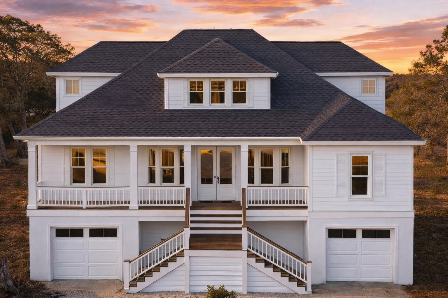 Front view of a Traditional Brick Cottage home featuring Tudor Revival architecture with gabled rooflines, brick exterior, and symmetrical design.