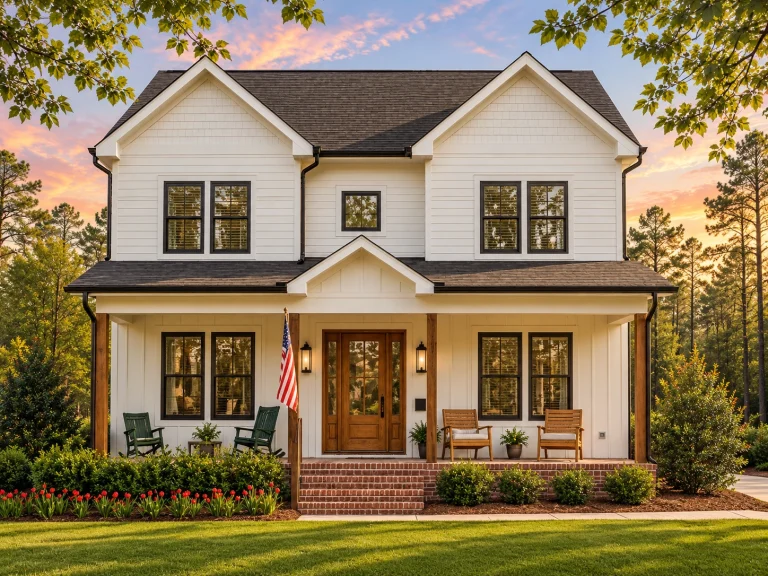 Top Designer-Approved House Plans 4 Front elevation of a modern farmhouse style home featuring white horizontal siding, a covered front porch, black windows, and classic symmetrical architecture