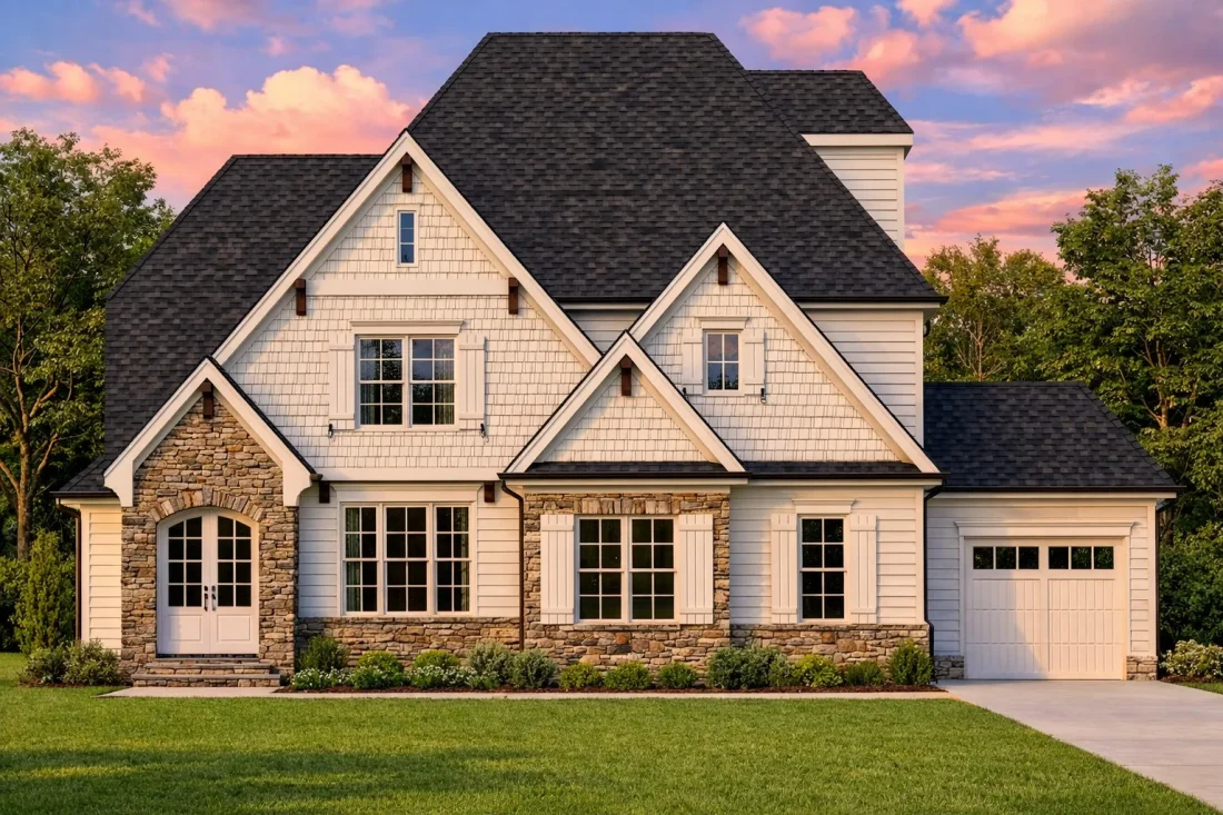 Front elevation of a New American style house with Craftsman influences, stone accents, lap siding, and a welcoming covered entry