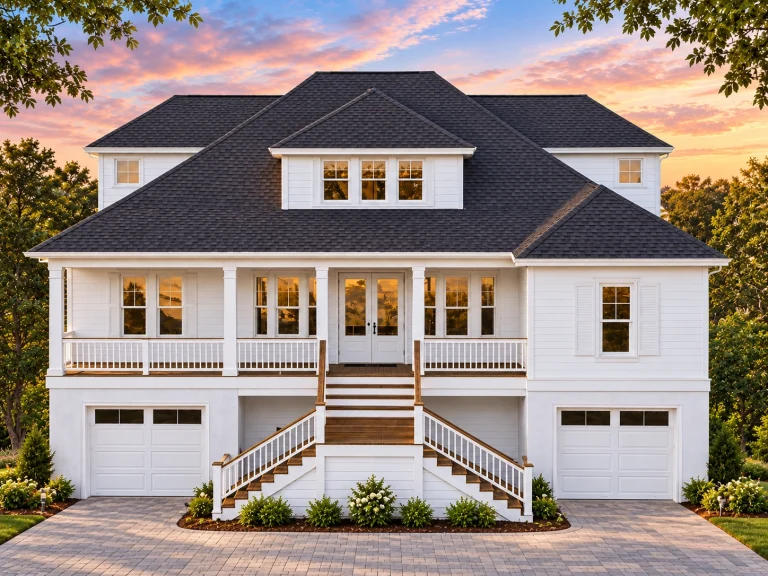 Front view of a Traditional Brick Cottage home featuring Tudor Revival architecture with gabled rooflines, brick exterior, and symmetrical design.