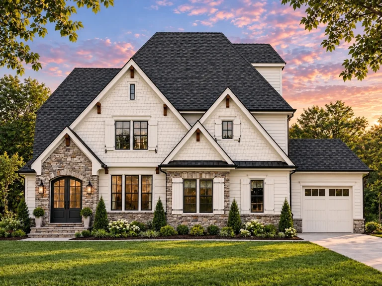 House Plans with Fireplace 8 Front elevation of a New American style house with Craftsman influences, stone accents, lap siding, and a welcoming covered entry