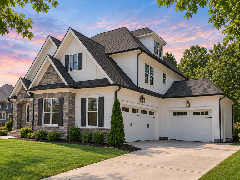 Front exterior of a New American modern traditional house with board and batten siding, stone accents, steep gable rooflines, and side-entry garage
