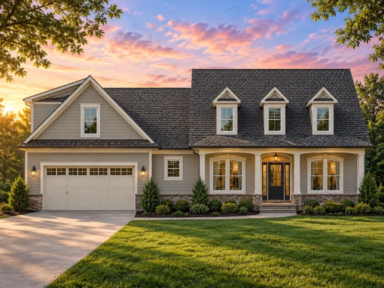Front elevation of a Traditional Colonial and New American style home featuring a balanced façade with brick base, horizontal siding, dormer windows, and a welcoming covered porch entry