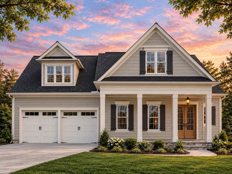 Front elevation of a New American Modern Traditional house featuring horizontal siding, Craftsman columns, gabled rooflines, and a welcoming covered porch