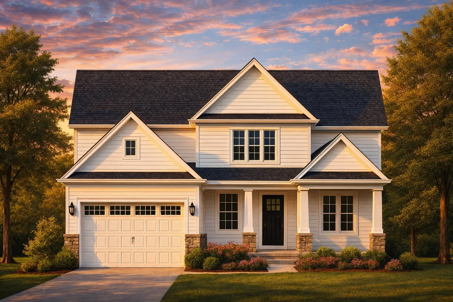 Front elevation of a New American Modern Traditional house featuring horizontal siding, board and batten details, stone accents, and covered porch