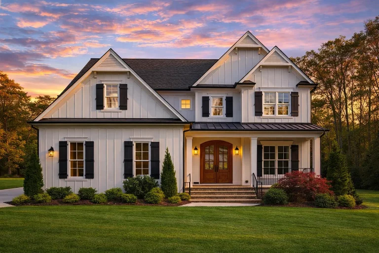 4 Bedroom House Plans 13 Front exterior of a New American Traditional Colonial house with lap siding, board-and-batten accents, symmetrical windows, and covered entry porch