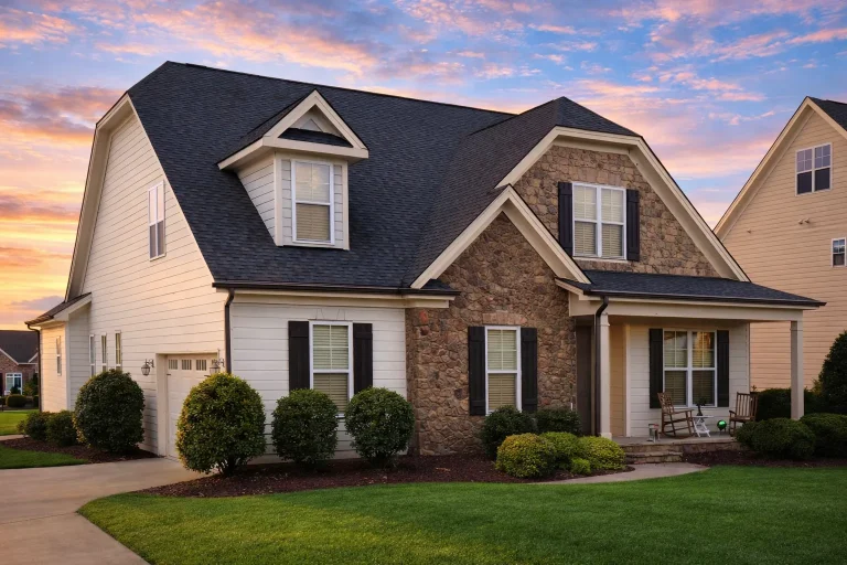 Front exterior view of a Traditional Suburban New American style home with mixed stone veneer, horizontal siding, gabled rooflines, and covered porch