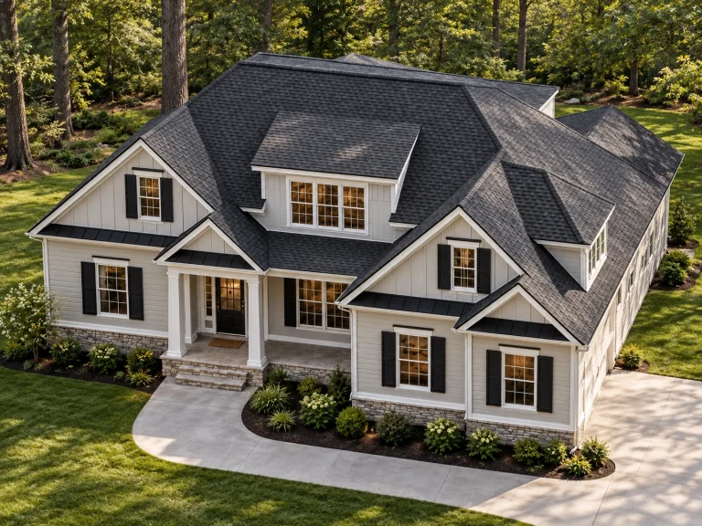 Front elevation of a New American Traditional house with Cape Cod styling, lap siding, shingle accents, symmetrical windows, and a welcoming covered entry