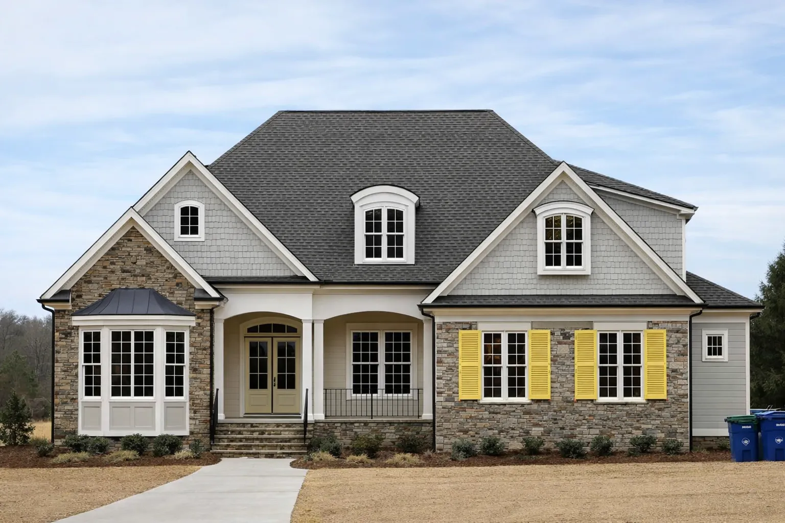 Front elevation of a Shingle Style Coastal Traditional house featuring cedar shingle siding, stone veneer, symmetrical windows, and a covered entry porch