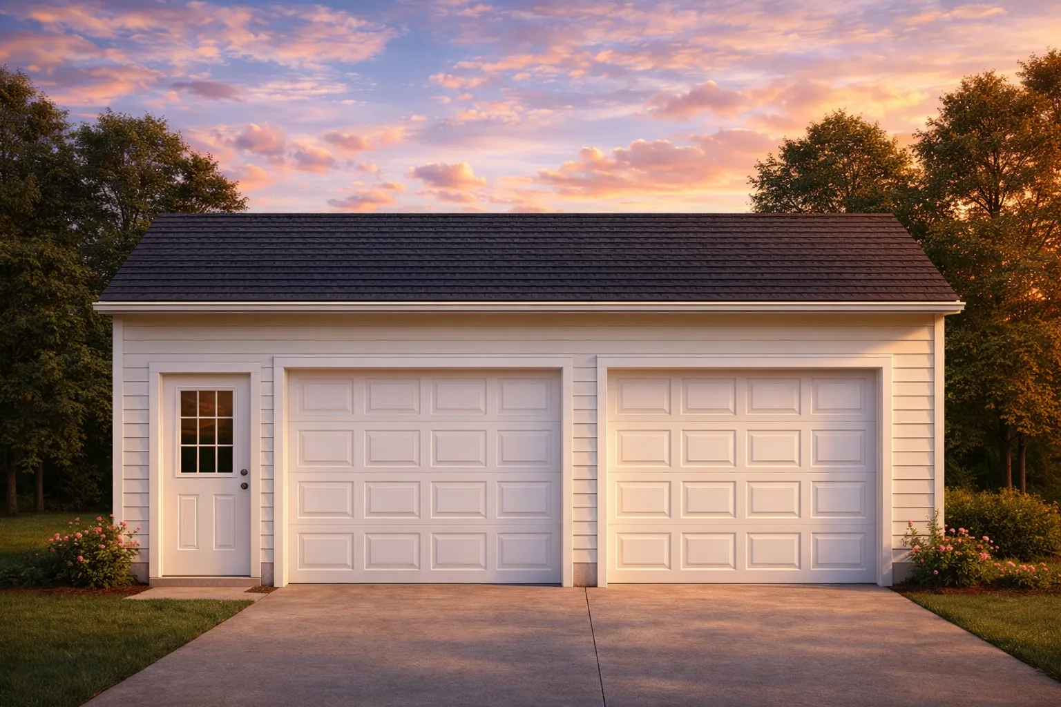 Front elevation of a traditional Colonial-style two-car detached garage with horizontal siding and symmetrical design