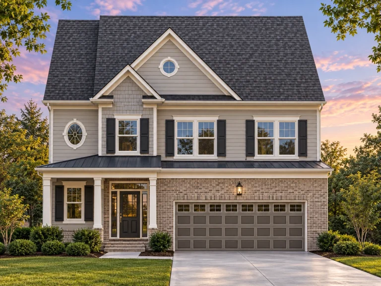 Front view of a Traditional Colonial style two-story home featuring stone veneer, horizontal lap siding, board-and-batten gable, and a welcoming covered entry porch.