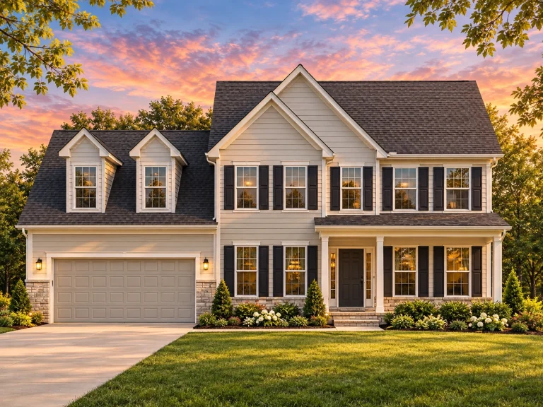 Tandem Garage Plans 22 Front view of a Colonial Traditional style two-story home featuring white horizontal siding, black shutters, and a symmetrical facade with a gable roof and dormer windows.