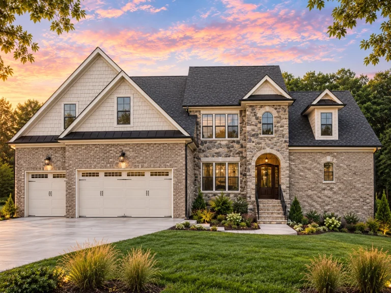 House Plans with Home Bar 23 Front elevation of a French Country style home with stone exterior, steep shingle roof, arched entry, and symmetrical European-inspired design