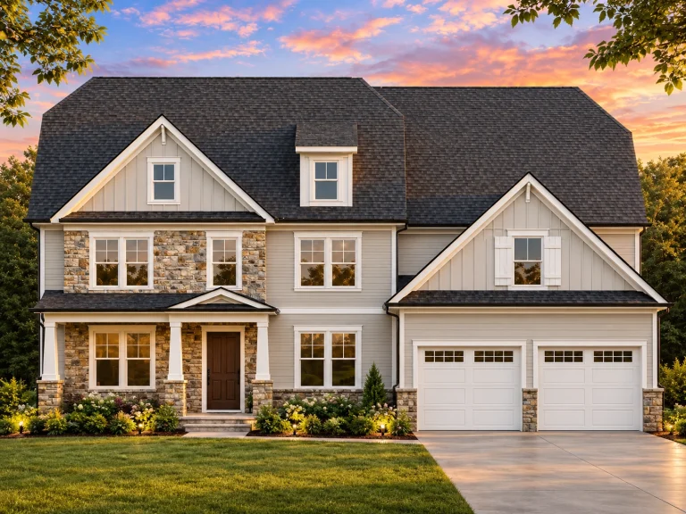 Front elevation of a New American modern traditional farmhouse with board and batten siding, stone accents, and a covered porch