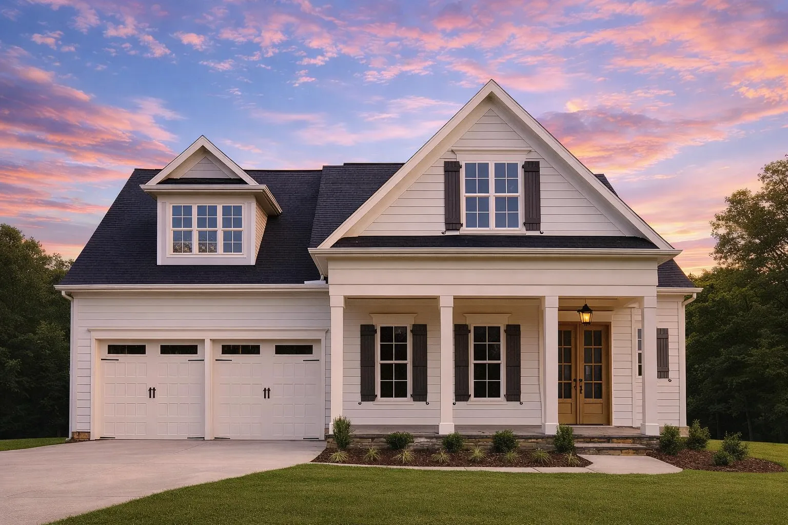 Modern Craftsman House Plans 3 Front elevation of a New American Modern Traditional house featuring horizontal siding, Craftsman columns, gabled rooflines, and a welcoming covered porch