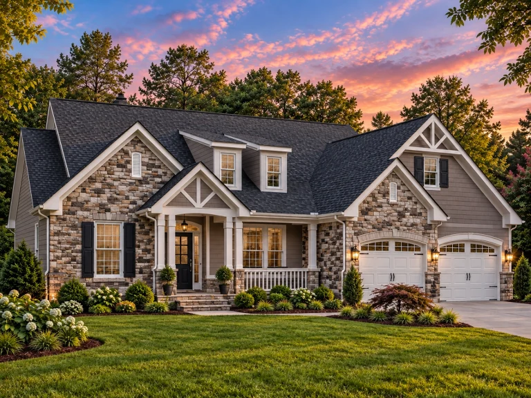 Affordable House Plans 10 Front view of a French Country and European Cottage style home featuring stone masonry, horizontal siding, gabled dormers, and arched garage doors