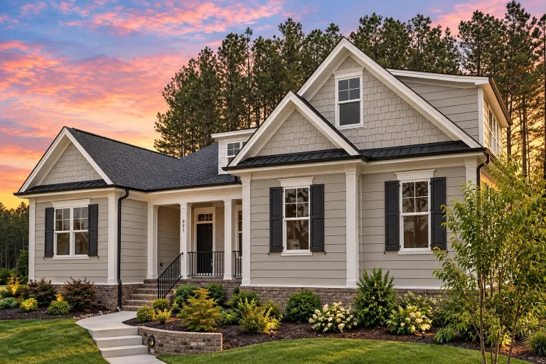 Affordable House Plans 1 Front view of a Traditional Craftsman style house featuring stone wainscoting, horizontal siding, and a welcoming covered front porch