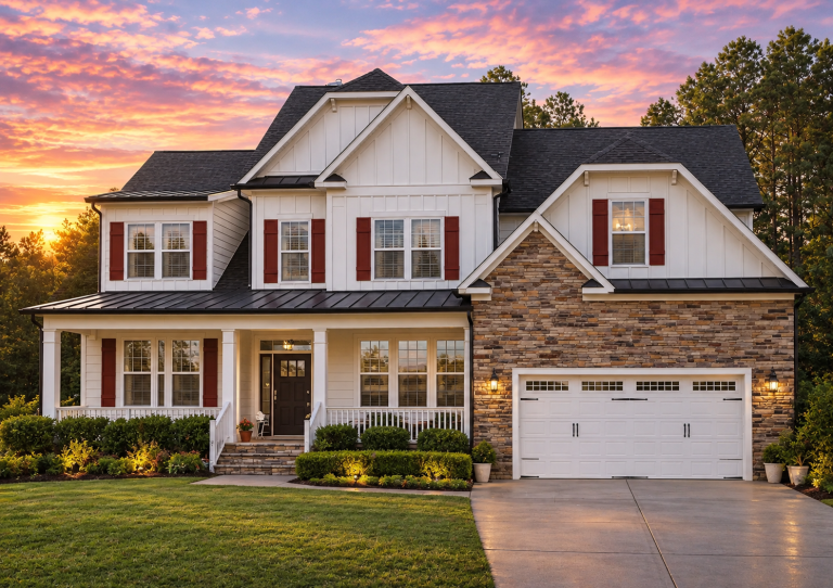 Front exterior view of a New American modern farmhouse style home with board and batten siding, stone accents, covered porch, and attached two car garage