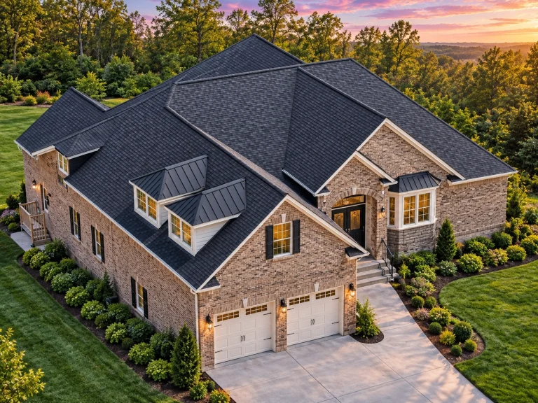 Aerial front view of a Traditional Neo-Colonial brick home with hip roof, side-entry garage, manicured landscaping, and classic suburban design