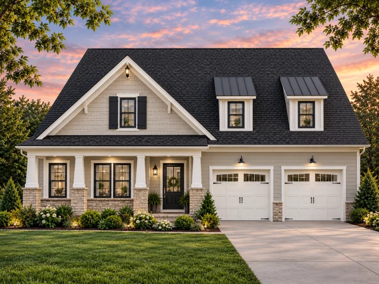 Front elevation of modern farmhouse style home with board and batten siding, stone accents, gabled rooflines, and two-car garage