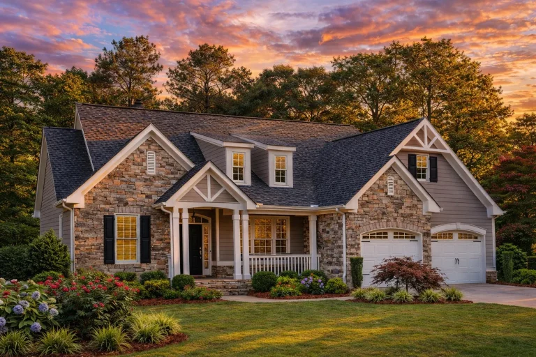 Front view of a French Country and European Cottage style home featuring stone masonry, horizontal siding, gabled dormers, and arched garage doors