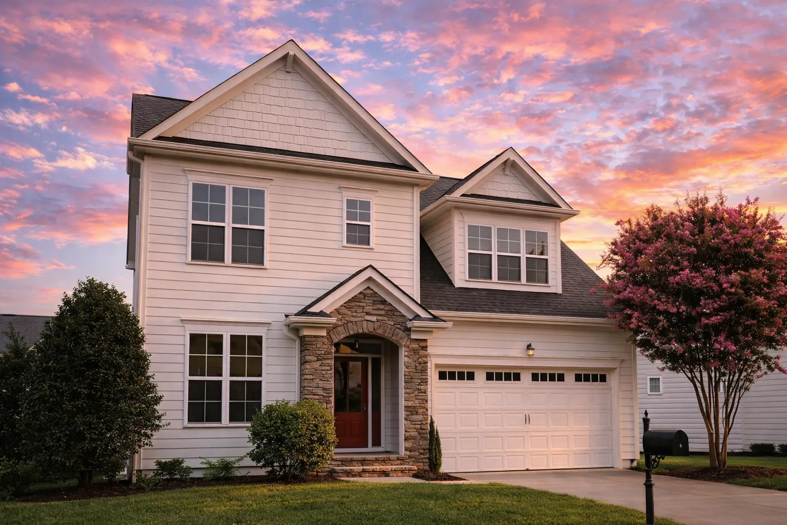 Front elevation of a Traditional Colonial style home with brick exterior, multi-pane windows, central entry, and attached garage