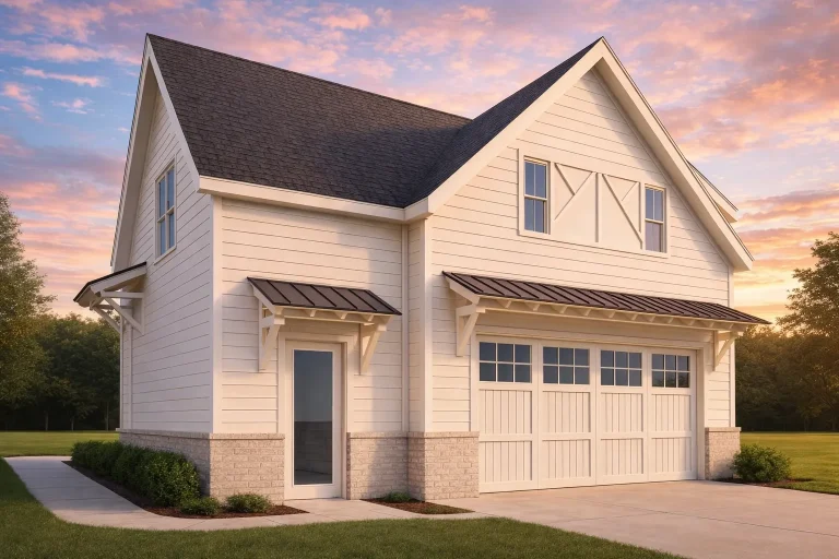 French Country Farmhouse Plans 23 Front elevation of a Craftsman Cottage style home featuring horizontal lap siding, brick base detailing, metal awnings, and carriage-style garage doors