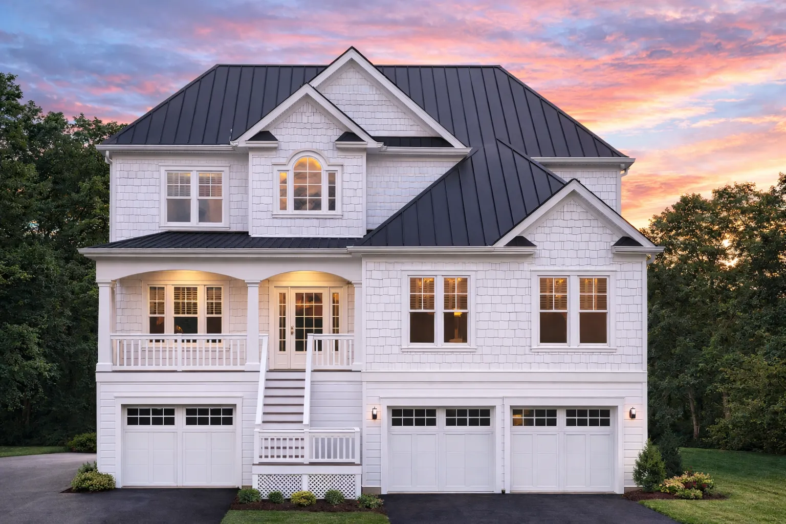 Front elevation of a Traditional Colonial New American style home with horizontal siding, brick foundation, shutters, and covered entry porch