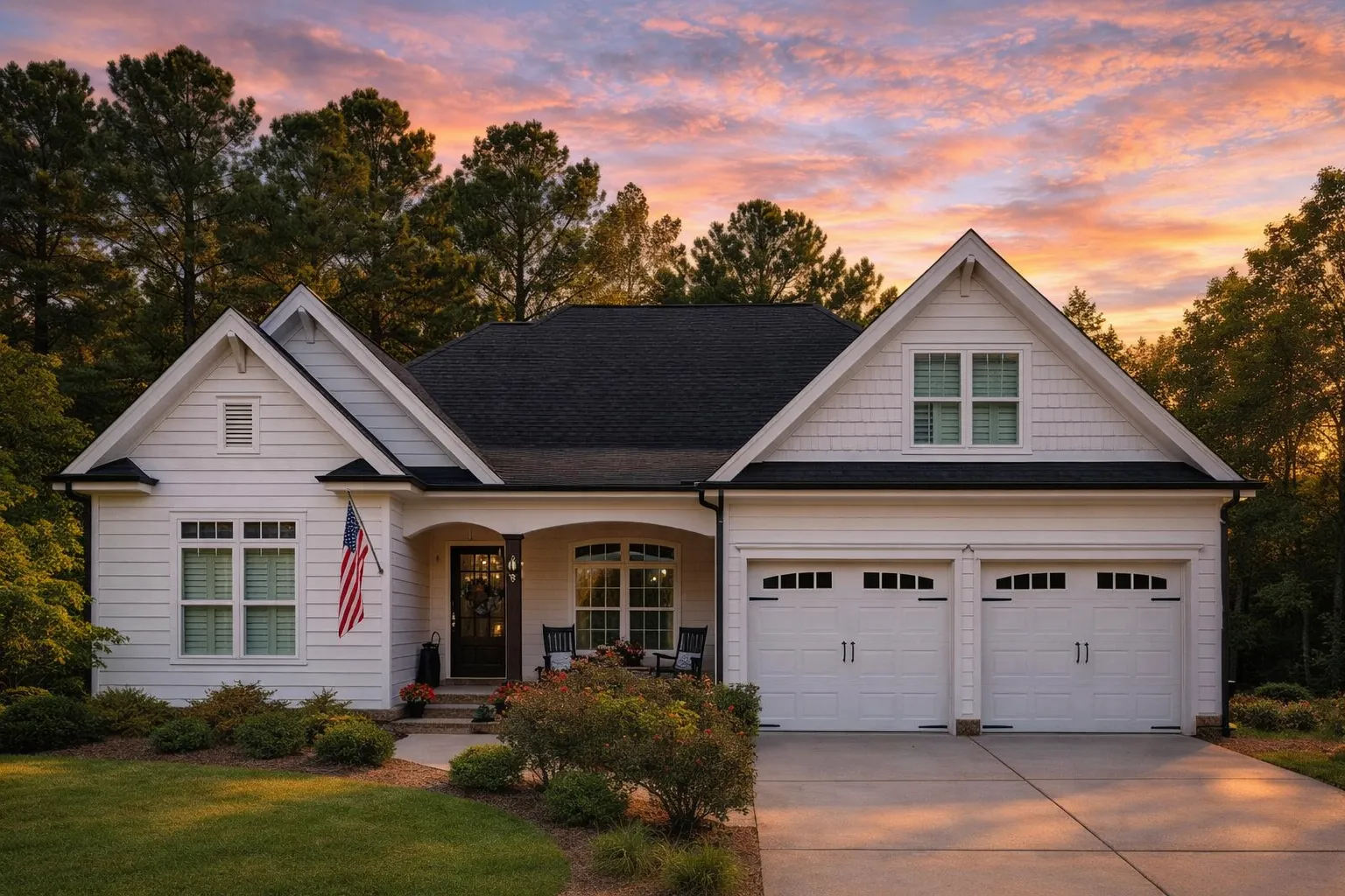 Front view of a Craftsman Ranch style home featuring green siding, white trim, brick accents, and a welcoming covered porch with a double garage