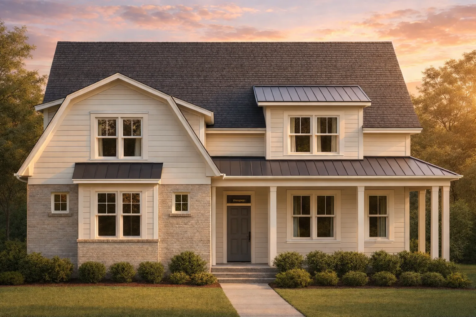 Front elevation of Modern Farmhouse style home with horizontal lap siding, board and batten accents, gable roof, and full-width covered porch