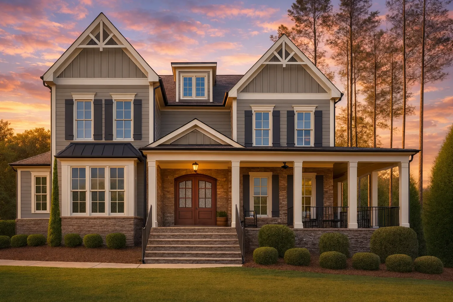 Front elevation of a Southern Classical style home with lap siding, board and batten gables, stone foundation, and covered front porch