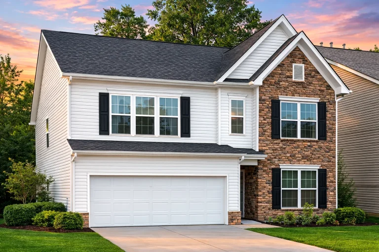 Front elevation of a Traditional Suburban Colonial style home featuring horizontal siding, stone veneer, and a symmetrical two-story façade with gable accents.