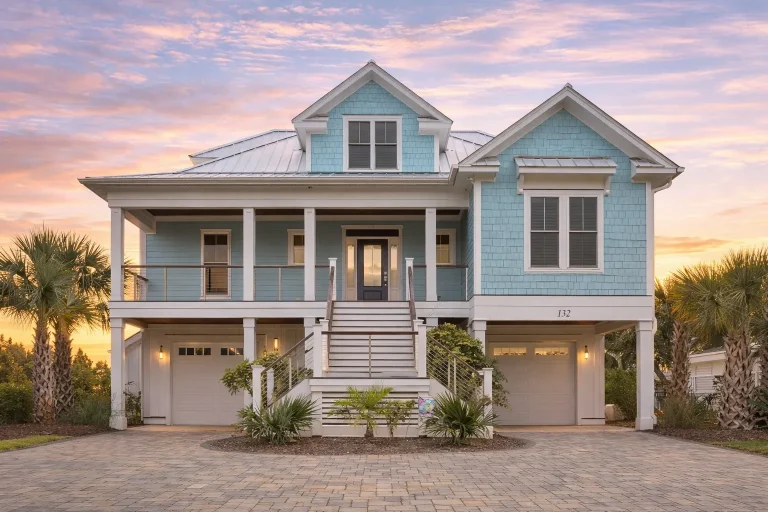 Front elevation of a Traditional Colonial New American style home with horizontal siding, brick foundation, shutters, and covered entry porch