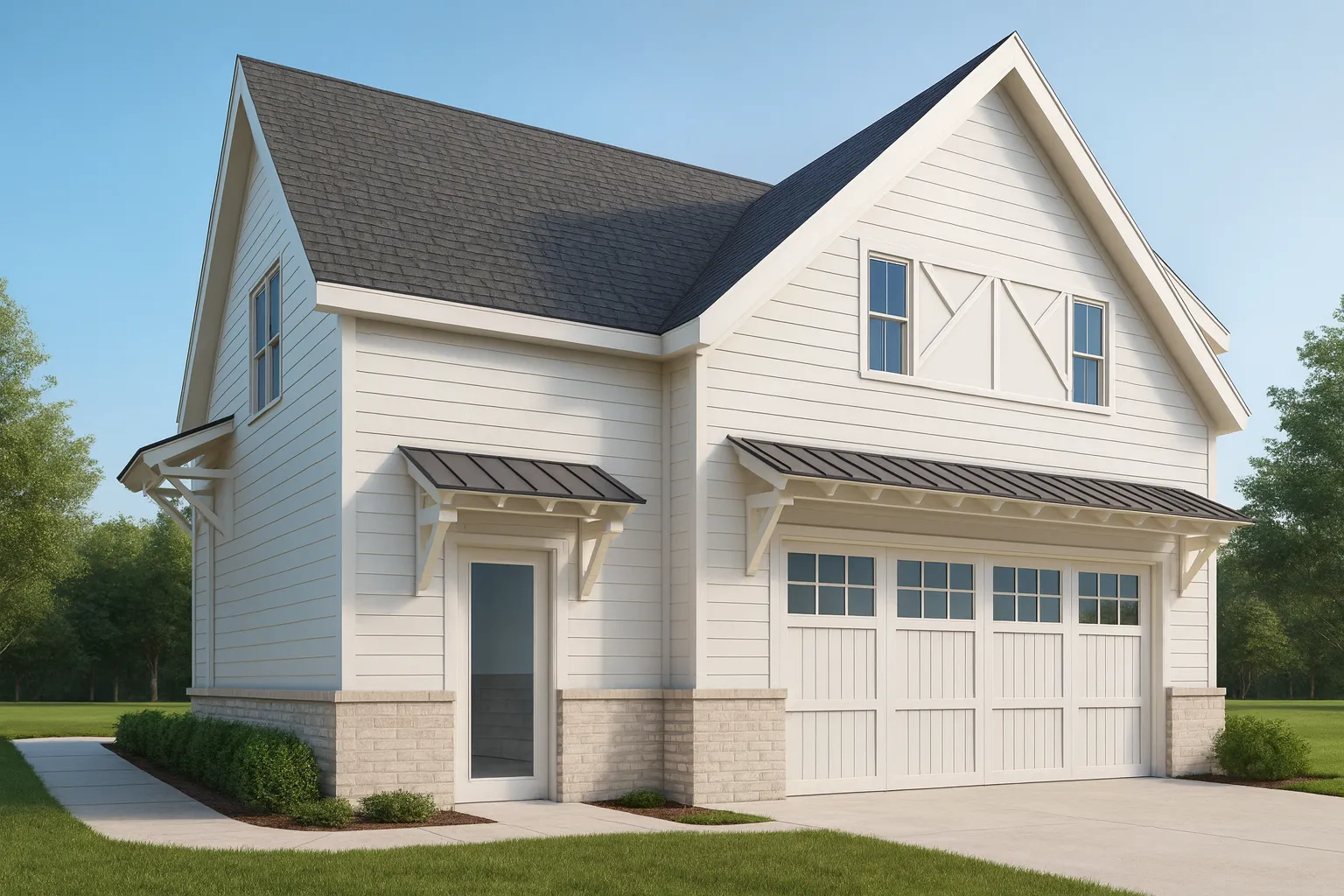 Front elevation of a Craftsman Cottage style home featuring horizontal lap siding, brick base detailing, metal awnings, and carriage-style garage doors