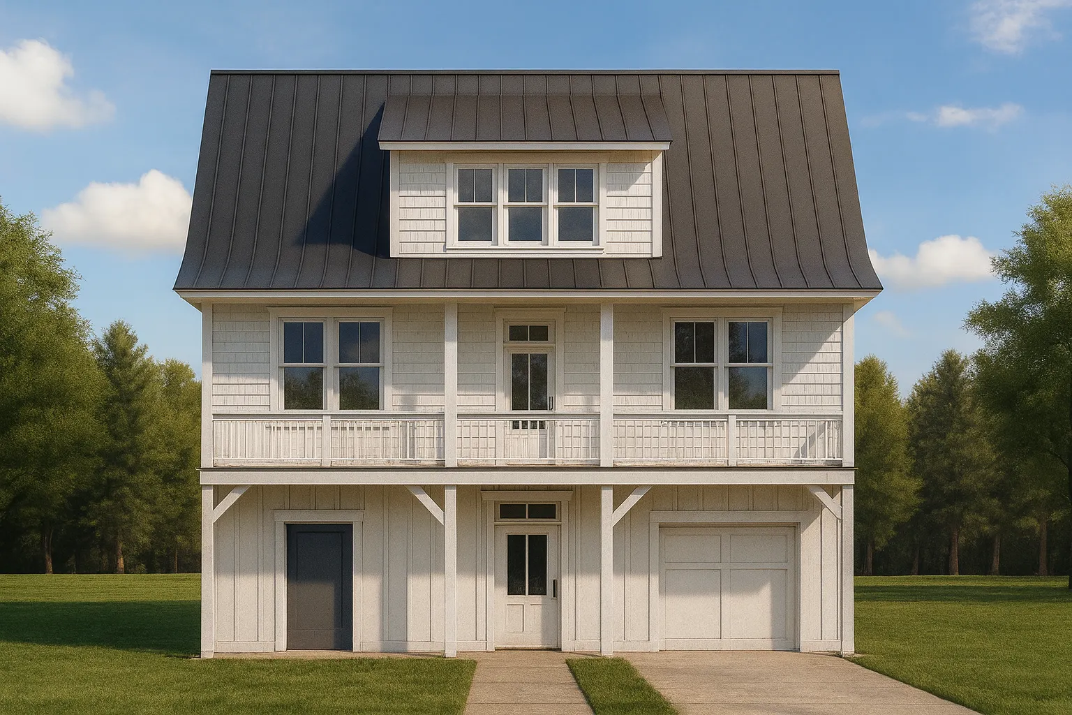 Front elevation of a Coastal Farmhouse with metal roof, double stacked porches, and horizontal siding with board-and-batten accents