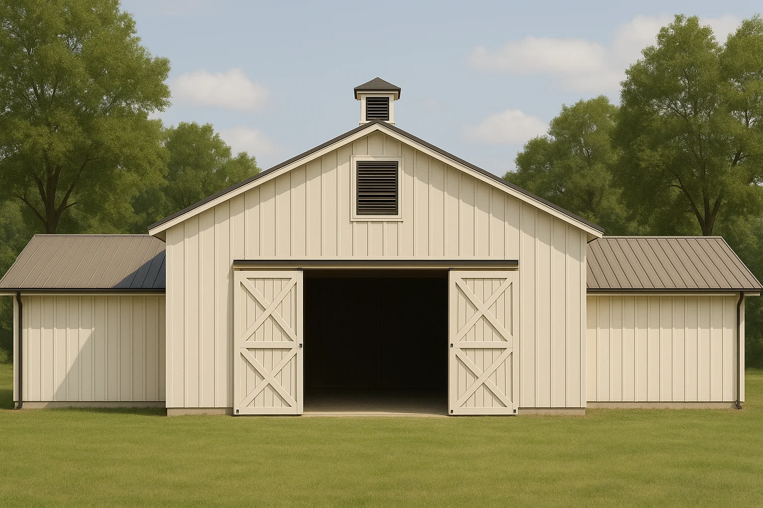 Front elevation of a barn house style structure with board and batten siding, metal roof, and large central barn doors in a rural setting