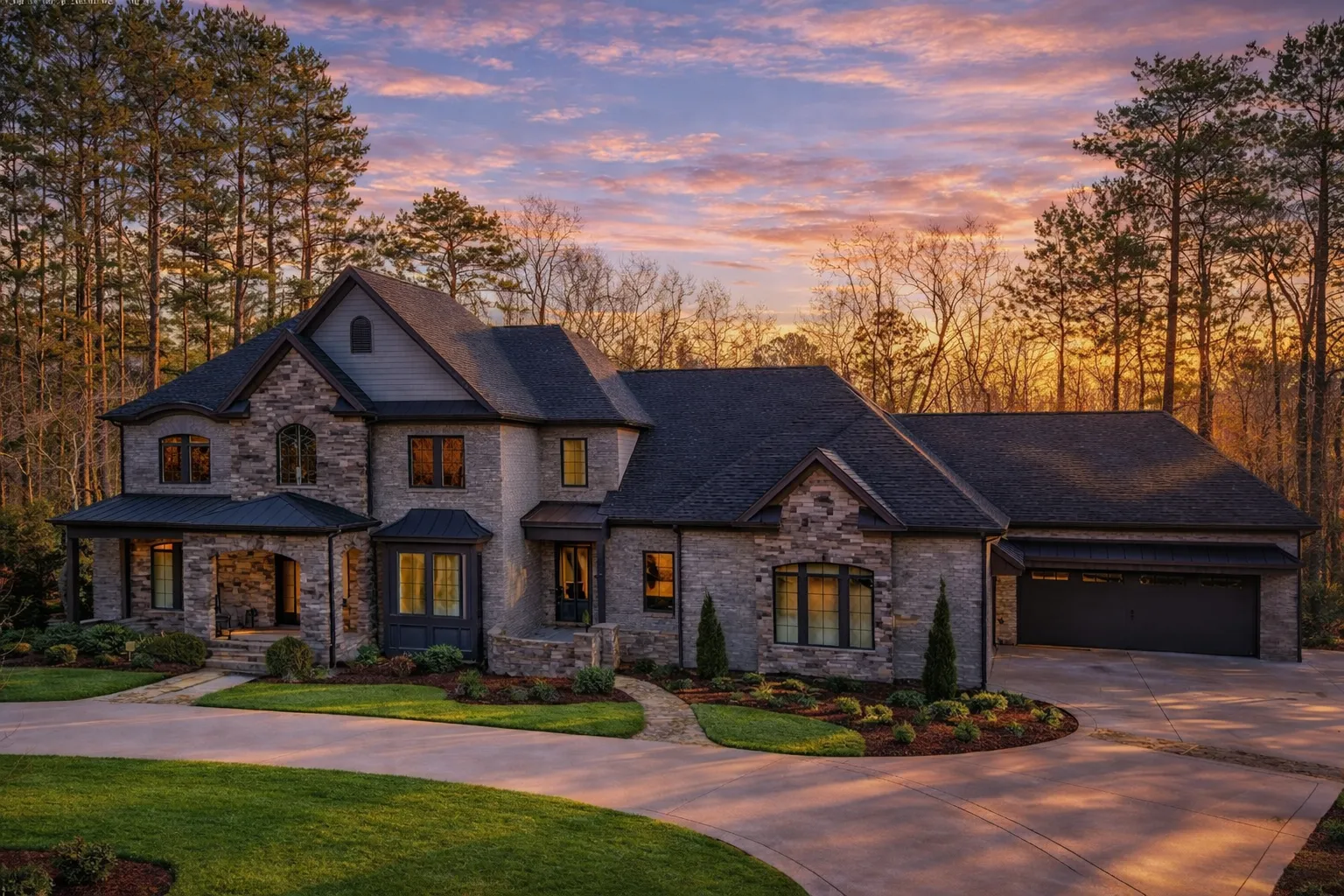 House Plans with Open Floor Plan 3 Front exterior of a luxury New American modern traditional home with brick and stone exterior, steep gables, arched windows, and elegant two-story entry