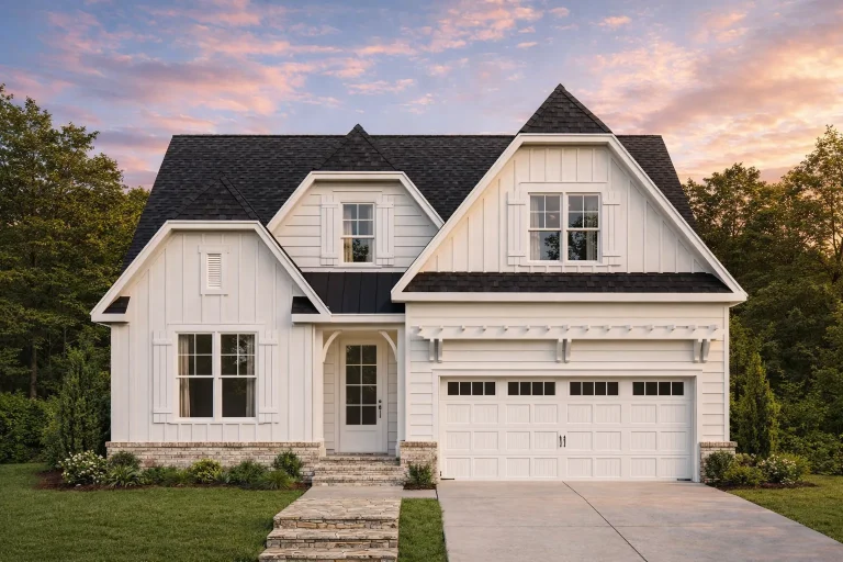 Front elevation of a New American Modern Traditional house with Craftsman influences, featuring board-and-batten siding, shingle gables, and an attached two-car garage