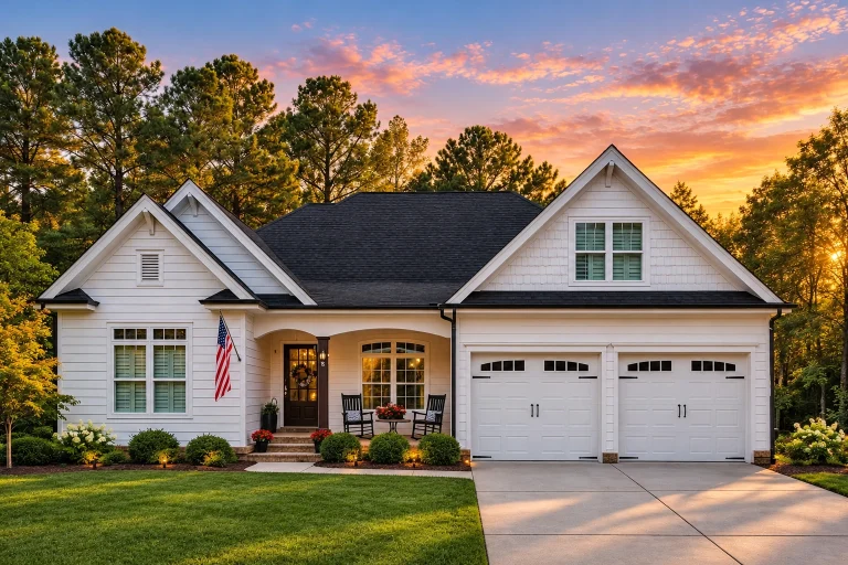 Front view of a Craftsman Ranch style home featuring green siding, white trim, brick accents, and a welcoming covered porch with a double garage
