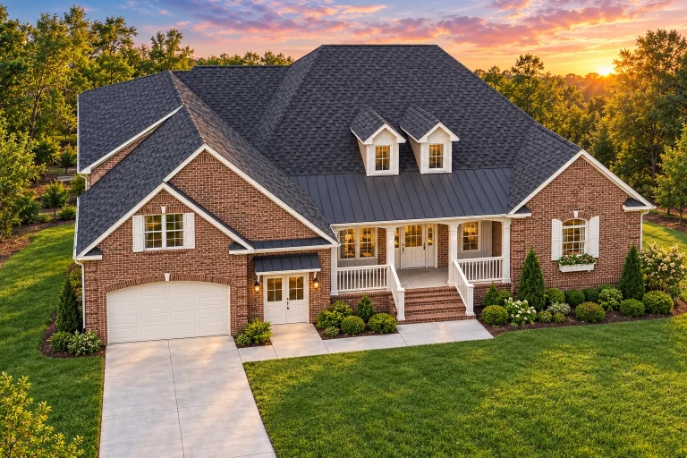 Front exterior view of a Traditional New American style home with brick facade, horizontal siding, covered porch, and symmetrical rooflines