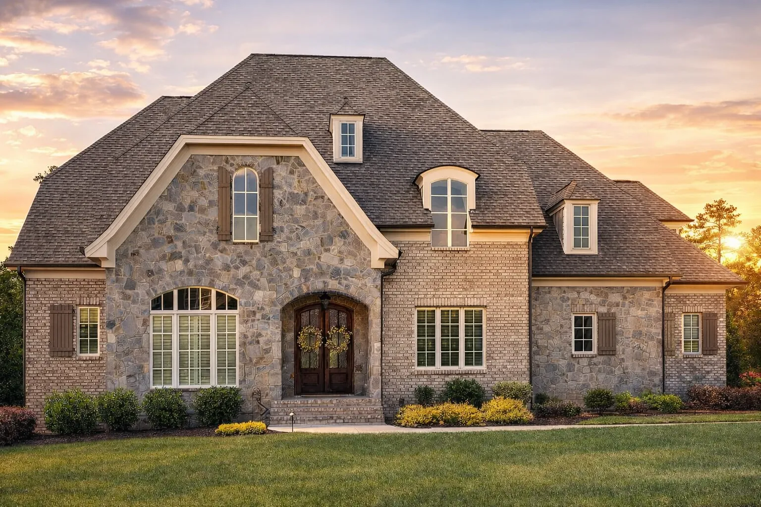 Front elevation of a French Country style home featuring stucco exterior, brick detailing, steep hipped rooflines, and symmetrical window design