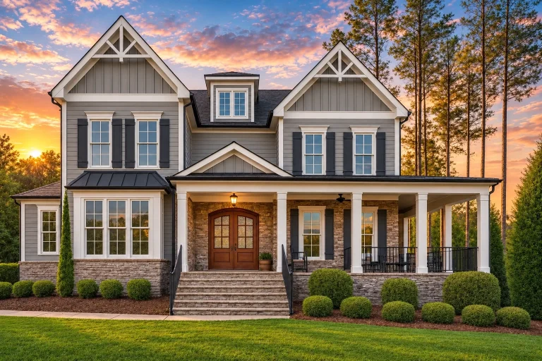 Front elevation of a Southern Classical style home with lap siding, board and batten gables, stone foundation, and covered front porch