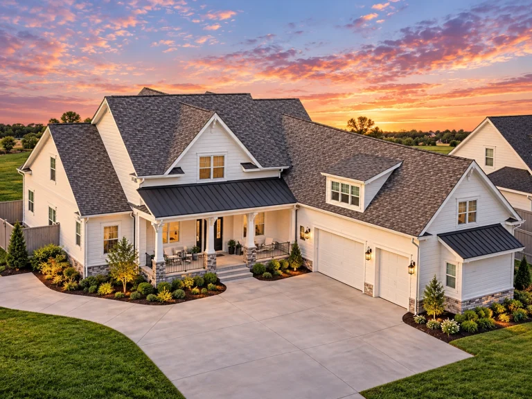 Front elevation of a Modern Farmhouse style home featuring white board and batten siding, black metal porch roof, brick foundation, and symmetrical gabled architecture